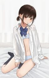 1girls akipeko bed_sheet black_hair black_socks blue_bow blue_bowtie blue_bra blue_panties blunt_bangs bow bowtie bra brown_eyes closed_mouth collared_shirt commentary_request flat_chest highres long_sleeves looking_at_viewer loose_bowtie navel on_bed open_clothes open_shirt original panties ponytail shirt short_ponytail sitting socks solo underwear white_shirt yokozuwari