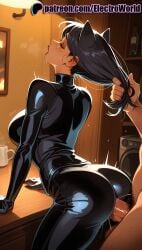 1boy 1girls 2025 ai_generated animal_ears artist_name batman_(series) black_hair blush bodysuit cat_ears catwoman closed_eyes cock dc dc_comics dick electroworld female grabbing_another's_hair hi_res high_quality high_resolution highres male open_mouth patreon patreon_username penis stable_diffusion straight watermark