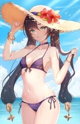 1girls 2d 2d_(artwork) beach bikini bikini_bottom bikini_top bra clouds day female female_focus female_only flowers front_view genshin_impact hat high_resolution highres light-skinned_female light_skin long_hair looking_at_viewer mona_(genshin_impact) nasii ocean outdoors petite_body petite_female purple_bikini purple_bikini_bottom purple_bikini_top purple_swimsuit sky slim_girl small_breasts solo solo_female solo_focus standing summer summer_hat swimsuit thong thong_bikini twintails two_piece_swimsuit water wet wet_body young younger_female