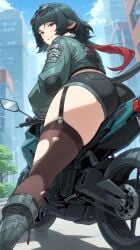 1girls ai_generated animal_ears ass black_hair boots city female jacket jane_doe_(zenless_zone_zero) looking_at_viewer motorcycle on_back outdoors red_hair riding smile thick_thighs thighs zenless_zone_zero