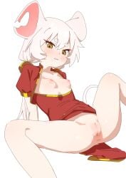 absurdres animal_ears blush breast_cutout breasts china_dress chinese_clothes cleft_of_venus dress female highres long_hair low_twintails mouse_ears mouse_girl mouse_girl_(wuju59) mouse_tail nipples no_panties original pussy red_dress small_breasts spread_legs tail thick_eyebrows twintails white_hair wuju59 yellow_eyes