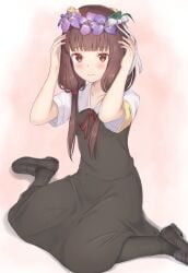 1girls absurdres armband black_dress black_pantyhose black_shoes black_socks blunt_bangs blush bow breasts brown_hair collarbone collared_shirt commentary_request dress flower from_above full_body gradient_background hair_over_shoulder hair_tie hairbow head_wreath highres iino_miko kaguya-sama_wa_kokurasetai_~tensai-tachi_no_renai_zunousen~ loafers long_hair looking_at_viewer low_twintails mimori_(mimori_05) neck_ribbon pantyhose pinafore_dress pink_background purple_flower red_eyes red_ribbon ribbon shirt shoes short_sleeves sitting sleeveless sleeveless_dress small_breasts smile socks solo twintails wariza white_background white_bow white_shirt yellow_armband