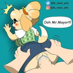 4_fingers animal_crossing anthro black_eyes blush bodily_fluids bottomwear canid canine canis clothing domestic_dog duo english_text female fingers genital_fluids genitals hi_res human humanoid_genitalia humanoid_penis isabelle_(animal_crossing) male male/female mammal nintendo penetration penis precum shirt skirt text tibbs topwear vaginal_penetration vaginal_penetration yellow_body