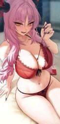 1girls artist_request between_breasts big_breasts blue_archive breasts condom_box demon_girl halo horns lingerie mole_on_breast pink_hair satsuki_(blue_archive)