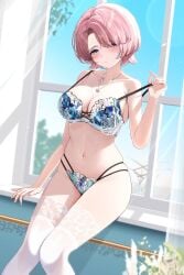 1girls ;o absurdres arimura_mao asymmetrical_bangs blush bra bra_tug breasts cleavage collarbone commentary_request commission cross-laced_bra feet_out_of_frame female fingernails gakuen_idolmaster highres idolmaster indoors lace-trimmed_thighhighs lace_trim lingerie looking_at_viewer medium_breasts navel one_eye_closed partial_commentary pink_hair purple_eyes short_hair sikimosh sitting skeb_commission skindentation solo stomach thighhighs two-tone_bra two-tone_panties underwear underwear_only white_thighhighs window