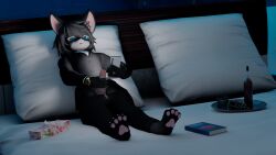 alcohol anthro balls bed bedroom beverage black_body black_hair blue_eyes book business_suit canid canine canis cellphone clothing electronics feet food furniture genitals glans gold_(metal) hair hi_res lying male mammal masturbation napkin open_mouth pawpads paws penis phone pillow sitting solo suit toes tongue tongue_out tray unzipped unzipped_pants wine wolf zipper