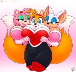 2021 amy_rose anthro bat big_breasts blue_eyes breast_grab breasts canid canine clothed clothing digital_media_(artwork) drxii eulipotyphlan female female/female fox fur gloves green_eyes group hand_on_breast handwear hedgehog hi_res huge_breasts mammal mtf_crossgender open_mouth portrait rouge_the_bat rouge_the_bat_(cosplay) rule_63 sega simple_background sonic_(series) sonic_the_hedgehog_(series) tails tails_the_fox tailsko three-quarter_portrait tongue trio