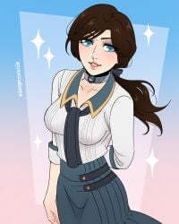 2d bioshock bioshock_infinite blue_eyes breasts brown_hair busty choker dangerousbride elizabeth_comstock female female_focus female_only hourglass_figure lipstick makeup medium_breasts standing tagme wide_hips