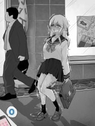1boy bag commentary_request controller female greyscale highres holding holding_bag implied_vibrator kakuremino7928 large_variant_set long_hair miniskirt monochrome open_mouth original outdoors paid_reward_available pleated_skirt pussy_juice remote_control remote_control_vibrator sailor_collar sailor_shirt school_uniform serafuku sex_toy shirt shoes skirt socks solo_focus standing tearing_up trembling variant_set vibrator wireless_sex_toy_controller