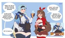 2girls amber_(genshin_impact) bbw dialogue eula_(genshin_impact) feederism female female/female female_only genshin_impact huge_belly kay_inthedark overweight overweight_female text weight_gain weight_gain_sequence yuri