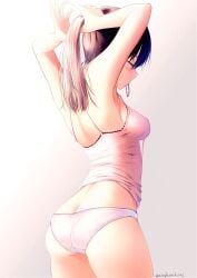1girls adjusting_hair armpits arms_behind_head arms_up ass back bare_arms bare_shoulders blush breasts brown_hair butt_crack camisole closed_eyes commentary_request covered_nipples cowboy_shot female from_behind hair_tie_in_mouth highres long_hair medium_breasts mouth_hold original panties picot_trim_panties puriketsu_corgy see-through_clothes simple_background solo thighs twitter_username tying_hair underwear underwear_only white_background