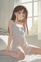 1girls akipeko bare_legs barefoot bed breasts brown_eyes brown_hair camisole commentary dress highres indoors long_hair looking_at_viewer on_bed original paid_reward_available revision see-through_clothes seiza sitting small_breasts solo spaghetti_strap white_camisole window