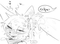 after_ear_penetration after_sex ambiguous_focus ambiguous_gender ambiguous_species anthro blush bodily_fluids canid canine canis cum cum_drip cum_from_ear cum_from_eyes cum_in_ear cum_in_hair cum_inside cum_on_face disembodied_penis domestic_dog dripping duo eye_roll fucked_silly gaping_inner_ear genital_fluids genitals hair hi_res humanoid_genitalia humanoid_penis korean_text male male/ambiguous mammal monochrome one_eye_closed open_mouth penis solo_focus speech_bubble text vitame83