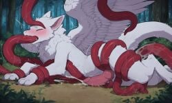ai_generated anthro blush bondage cum cumming cumshot demon dragon fluffy forced forced_anal forced_exposure forced_oral forced_orgasm forest furry laying_down laying_on_side looking_pleasured oral orgasm paws penetration pleasure_face tentacle tentacle_penetration tentacle_rape tentacle_sex white_fur wings