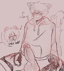 1boy 1girls balls blush bottomless erection female funkycatboys hoodie kemonocatguy kraxxcat male male_focus offscreen_character penis precum roblox robloxian sketch tagme uniinsfw
