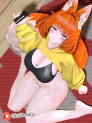 1girls ahoge animal_ears blue_eyes bottomless breasts cleavage crop_top cropped_hoodie female female_only fox fox_ears fox_girl fox_tail freckled_face freckles freckles_on_ass freckles_on_breasts freckles_on_butt freckles_on_chest freckles_on_face freckles_on_thighs ginger ginger_hair glubbable high-angle_view holding_cup holding_object indie_virtual_youtuber large_breasts light-skinned_female light_skin looking_at_viewer looking_up patreon patreon_logo patreon_username smug smug_face smug_grin solo solo_female solo_focus sports_bra sweat sweatdrop sweating sweaty sweaty_body sweaty_breasts sweaty_genitalia sweaty_legs sweaty_thighs sweaty_tits thick_thighs thighs virtual_youtuber vrchat vtuber