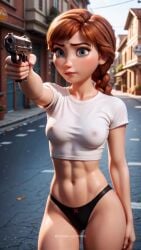 2025 ai_generated angry angry_at_viewer angry_expression angry_face anna_(frozen) belly black_panties breaking_glass brown_eyebrows brown_hair_female city disney frozen_(film) holding_gun instagram looking_at_viewer meta models.synthetic muscular muscular_belly muscular_female not_porn orange_cheeks shooting_gun tagme tummy video violence walt_disney_animation_studios walt_disney_pictures white_top
