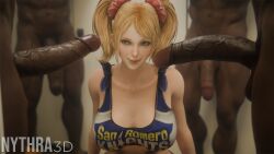 1girls 3d 4boys biting blender blonde_female blonde_hair blonde_hair cheerleader cheerleader_uniform dark-skinned_male gangbang green_eyes group_sex horny huge_cock imminent_gangbang imminent_sex interracial juliet_starling light-skinned_female locker_room lollipop_chainsaw nythra3d seductive seductive_smile surrounded surrounded_by_penises twintails