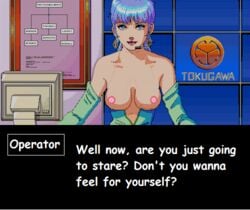 1girls areolae big_breasts breasts dialogue edit female gloves horny looking_at_viewer operator policenauts purple_hair seductive solo text