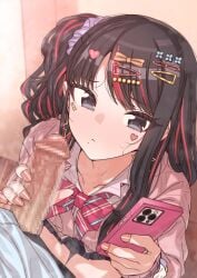 1boy black_eyes bow brown_hair cardigan cellphone censored commentary_request erere female hair_ornament hairbow hairclip handjob holding holding_phone idolmaster idolmaster_shiny_colors kazano_hiori long_hair looking_at_phone mole mole_under_mouth mosaic_censoring motion_lines multicolored_hair penis phone pink_cardigan red_hair shirt solo_focus straight two-tone_hair upper_body white_shirt
