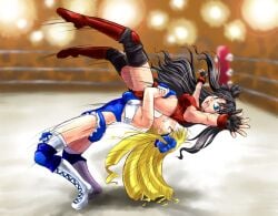 2girls alternate_costume blonde_hair brown_hair catfight fate/hollow_ataraxia fate/stay_night fate_(series) female german_suplex inusurvivor long_hair luviagelita_edelfelt multiple_girls official_alternate_costume painttool_sai_(medium) suplex thighhighs tohsaka_rin wrestler wrestling wrestling_boots wrestling_outfit wrestling_ring wrestlingryona