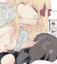 1boy 2girls anger_vein azumi_(myameco) black_hair black_ribbon breasts brown_hair catfight closed_mouth commentary ereshkigal_(fate) fate/grand_order fate_(series) female fighting fujimaru_ritsuka_(male) hair_ribbon ishtar_(fate) japanese_clothes kimono long_hair male medium_breasts multiple_girls one_eye_closed red_eyes red_ribbon ribbon short_hair siblings sisters symbol-only_commentary trembling white_hair white_kimono