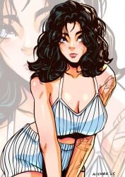 1girls 2020s 2025 2d 2d_(artwork) aisenma alternate_costume artist_name bending_forward black_hair breasts brown_eyes canon_costume clair_obscur:_expedition_33 cleavage clothed clothes clothing color colored digital_media digital_media_(artwork) fanart female female_focus female_only front_view hi_res highres large_breasts light-skinned_female light_skin looking_at_viewer lune_(clair_obscur:_expedition_33) open_eyes sandfall_studios short_hair solo solo_female solo_focus standing striped_swimsuit swimsuit tattoos thigh_up voluminous_hair voluptuous voluptuous_female wide_hips