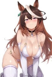 ai_generated animal_ears breasts embarrassed female horse_girl long_hair multicolored_hair purple_eyes symboli_rudolf_(umamusume) umamusume umamusume_pretty_derby white_bikini