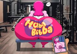 adventure_time alex_nsfw ass big_breasts breasts bubble_ass bubble_butt cartoon_network clothing crop_top dumptruck_ass female gym horse_tail hubba_bubba huge_ass huge_breasts nude phone photo pov princess_bubblegum tight_pants voluptuous x_alexnsfw2