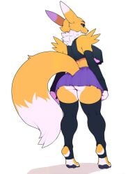 ai_generated ass big_butt big_tail black_elbow_gloves black_shirt black_tank_top black_thighhighs blue_eyes countershading crop_top crop_top_overhang digimon digimon_(species) digitigrade dipstick_tail elbow_gloves female female fluffy_tail large_breasts looking_at_viewer loose_shirt midriff neck_tuft no_bra no_panties purple_skirt rear_view renamon side_eye skindentation skirt sleeveless solo stirrup_legwear tank_top underboob underbutt voluptuous wide_hips yellow_body zettai_ryouiki zorkpics