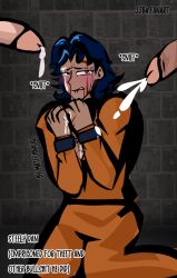 black_hair bleeding_from_mouth brown_eyes clothed crying cumshot handcuffed jjba jojo's_bizarre_adventure mrtechnical prison prisoner steely_dan submissive wounded
