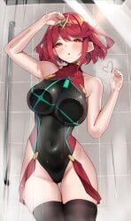 :o against_glass arm_up armor armpits ass_visible_through_thighs black_one-piece_swimsuit black_thighhighs blush bob_cut breastplate breasts brown_eyes competition_swimsuit covered_navel cowboy_shot earrings female heart highres indoors jewelry large_breasts looking_at_viewer matrix16 official_alternate_costume one-piece_swimsuit open_mouth pyra pyra_(pro_swimmer)_(xenoblade) pyra_(xenoblade) red_hair short_hair shower_(place) solo steam swimsuit teeth thigh_gap thighhighs tiara tile_wall tiles xenoblade_chronicles_(series) xenoblade_chronicles_2