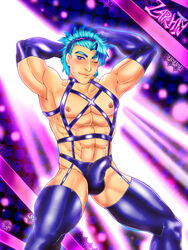 1boy abs bara blue_eyes blue_hair blush bondage bulge erection leather male male_only muscle nipples pecs penis pose purple_background solo testicles zarthy000