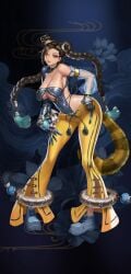 1girls 9:16 bell_bottoms_(pants) big_breasts breasts brown_hair clothed exposed_breasts female game_cg hsiwei_(king_of_kinks) king_of_kinks nutaku orange_eyes pants shoes tagme
