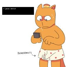2025 anthro aroused blush blush_lines bodily_fluids boxer_briefs boxer_briefs_only boxers_(clothing) burgerpants clothed clothing dialogue dialogue_box domestic_cat electronics english_text erection erection_under_clothing felid feline felis fur heart_boxers heart_clothing heart_symbol heart_underwear hi_res holding_object holding_phone male mammal navigator8 phone solo sweat tan_body tan_fur text text_box topless undertale_(series) underwear underwear_only