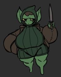 breasts female goblin hand_on_hip huge_breasts knife nsfwoaf thick_thighs wide_hips