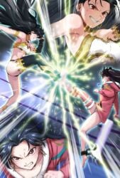 2girls aoba_(smartbeat) armlet bikini black_hair bracelet breasts catfight clenched_teeth detached_sleeves dual_persona earrings electricity fate/grand_order fate_(series) female fighting fur-trimmed_legwear fur_trim gold_trim hair_ribbon highres hood hoodie hoop_earrings ishtar_(fate) ishtar_(swimsuit_rider)_(fate) jacket jewelry kicking long_hair long_sleeves looking_at_viewer medium_breasts mismatched_bikini multiple_girls neck_ring one-piece_swimsuit parted_bangs pink_hoodie pink_jacket red_eyes ribbon single_detached_sleeve single_thighhigh sparks swimsuit teeth thighhighs thighlet thighs tiara two_side_up white_one-piece_swimsuit wrestling_ring