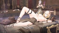 3d 6+girls 6girls aglaea_(honkai:_star_rail) big_breasts blonde_hair breasts confusion english_text female multiple_girls pubic_tattoo squirting tattoo text tir_al womb_tattoo