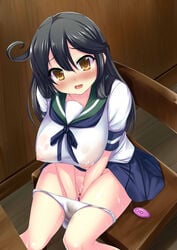 1girls black_hair breasts brown_eyes chair cute desk drooling erect_nipples female groin hoshizuki_(seigetsu) kantai_collection large_breasts long_hair looking_at_viewer masturbation open_mouth panties panty_pull pussy_juice school_uniform see-through serafuku sitting skirt solo tears underwear ushio_(kantai_collection) vibrator wet wet_clothes wet_panties white_panties yellow_eyes