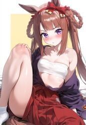 ai_generated animal_ears braid breasts brown_hair female horse_girl long_hair looking_at_viewer purple_eyes sweat sweep_tosho_(umamusume) thighs umamusume umamusume_pretty_derby white_socks