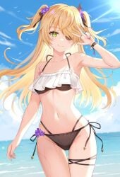 1girls 2d 2d_(artwork) alternate_costume beach bikini bikini_bottom bikini_top black_bikini black_bikini_bottom black_bikini_top black_swimsuit blonde_hair clouds day eyepatch female female_focus female_only fischl_(genshin_impact) front_view genshin_impact green_eyes hair_over_one_eye high_resolution highres light-skinned_female light_skin long_hair looking_at_viewer medium_breasts nasii ocean outdoors pigtails purple_nails sky slim_girl smiling smiling_at_viewer solo solo_female solo_focus standing summer sun sunlight swimsuit thong_bikini two_piece_swimsuit water wet wet_body young younger_female