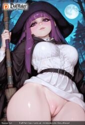 ai_generated bangs bare_tree belt belt_buckle blunt_bangs branch breasts broom buckle castle dollmaker dress female forest from_below full_moon graveyard holding holding_broom large_breasts lips long_hair long_sleeves looking_at_viewer looking_down moon moonlight nature night night_sky no_panties outdoors purple_eyes purple_hair pussy red_moon sky smile solo tagme thighs tree