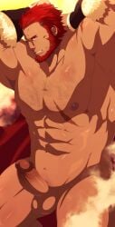1boy abs armpit armpits arms_behind_head balls bara beard boner dark-skinned_male dark_skin english_commentary erection facial_hair fate/grand_order fate_(series) gafou01 highres iskandar_(fate) looking_at_viewer male male_focus male_only muscular muscular_male nipples nude pectorals penis profile red_hair scar scar_on_chest solo solo_male testicles