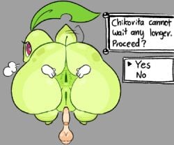 anus ass balls big_butt chikorita disembodied_hand disembodied_penis duo english_text erection female feral generation_2_pokemon genitals green_body heart_pupils huge_butt looking_at_viewer looking_back male male/female nintendo penis pokemon pokemon_(species) pussy question_mark red_eyes sleepyslut spread_butt spreading text