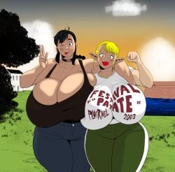2003 2girls big_breasts blonde_female blonde_hair breasts breasts_bigger_than_head chubby chubby_female color_edit colored colored_sketch elf elf-san_wa_yaserarenai elf_female elf_girl elfuda female harorlood marina_(harorlood) massive_breasts tongue tongue_out