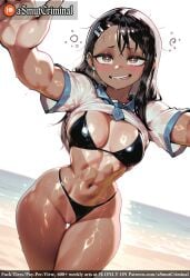 abs ai_generated asmutcriminal ass_visible_through_thighs beach beckoning bikini bikini_tan black_bikini black_hair blush breasts brown_eyes dark-skinned_female dark_skin female foreshortening hair_ornament hairclip long_hair looking_at_viewer micro_bikini muscular muscular_female nagatoro_hayase navel ocean one-piece_tan open_mouth outstretched_arm outstretched_arms outstretched_hand reaching reaching_out sailor_collar school_uniform see-through selfie shirt smile solo swimsuit tagme tan tanlines thick_thighs thighs toned water water_drop wet wet_clothes