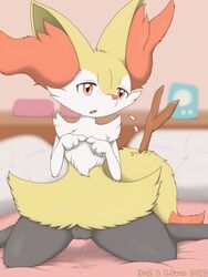 2017 3_fingers bed blush braixen claws crocodiler_owen digital_media_(artwork) dripping ear_fur female fur furry furry_only ibu2 kneeling nintendo on_bed open_mouth pillow pokémon_(species) pokemon pokemon_(species) pussy pussy_juice red_eyes red_fur solo stick sweat tail video_games wet worried yellow_fur