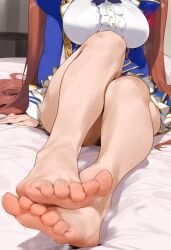 ai_generated animal_ears bed breasts costume daiwa_scarlet_(umamusume) female horse_girl legs legs_focus red_eyes ribbon_in_hair thighs toes twintails umamusume umamusume_pretty_derby