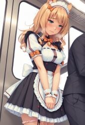 1girls after_rape after_sex after_vaginal ai_generated animal_ears blush cat_ears catgirl covering covering_crotch cum cum_drip female fully_clothed maid maid_headdress maid_outfit maid_uniform maple_(sayori) neck_bell neck_ribbon nekopara panties_around_one_leg stable_diffusion streaming_tears sweat tears train train_interior tremble_spikes trembling