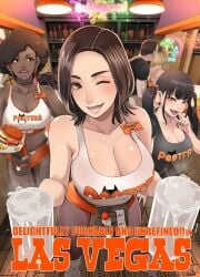 ass beer_mug blonde_hair blue_eyes brand_name_imitation breasts butcha-u cleavage condom condom_packet_strip condom_wrapper cover cover_page crotchless_shorts cum cum_in_container cum_in_cup cup dark_skin delightfully_fuckable_and_unrefined!! doujin_cover employee_uniform female hashtag-only_commentary highres hooters large_breasts long_hair looking_at_viewer loose_socks mug multiple_boys name_tag no_legwear open_mouth orange_shorts pussy_cutout short_hair short_shorts shorts smile socks straight tank_top